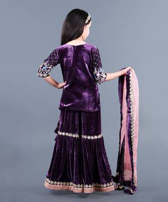 Wine Embroidered Velvet Sharara Set 4