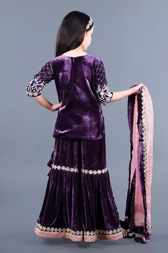 Wine Embroidered Velvet Sharara Set
