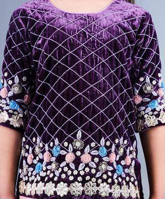 Wine Embroidered Velvet Sharara Set 5