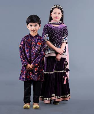 Wine Embroidered Velvet Sharara Set 6