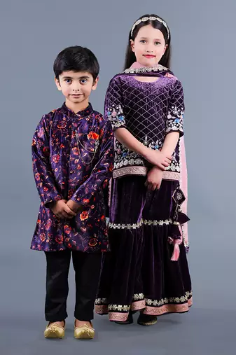 Wine Embroidered Velvet Sharara Set
