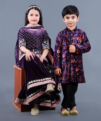 Wine Embroidered Velvet Sharara Set 7