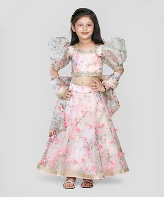 Pink Floral Printed Puff Sleeves Lehenga Set 1