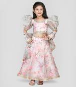 Pink Floral Printed Puff Sleeves Lehenga Set