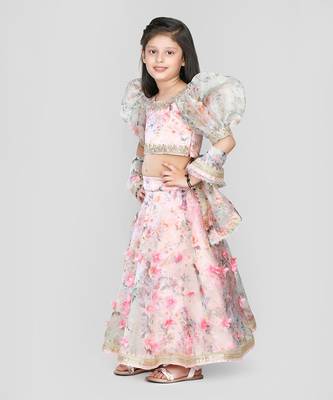 Pink Floral Printed Puff Sleeves Lehenga Set 2