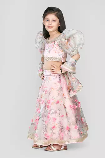Pink Floral Printed Puff Sleeves Lehenga Set