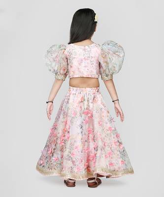 Pink Floral Printed Puff Sleeves Lehenga Set 3