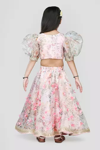 Pink Floral Printed Puff Sleeves Lehenga Set
