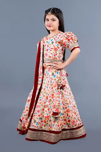 Beige Floral Pattern Lehenga Set