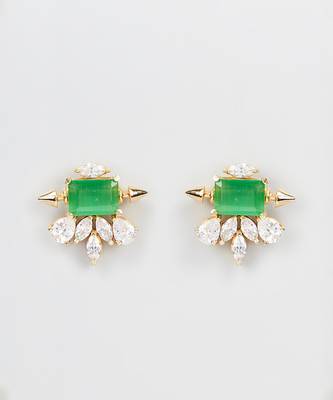 Gold Finish Diamond & Emerald Stud Earrings 1