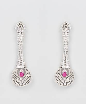 White Finish Diamond & Ruby Dangler Earrings 1