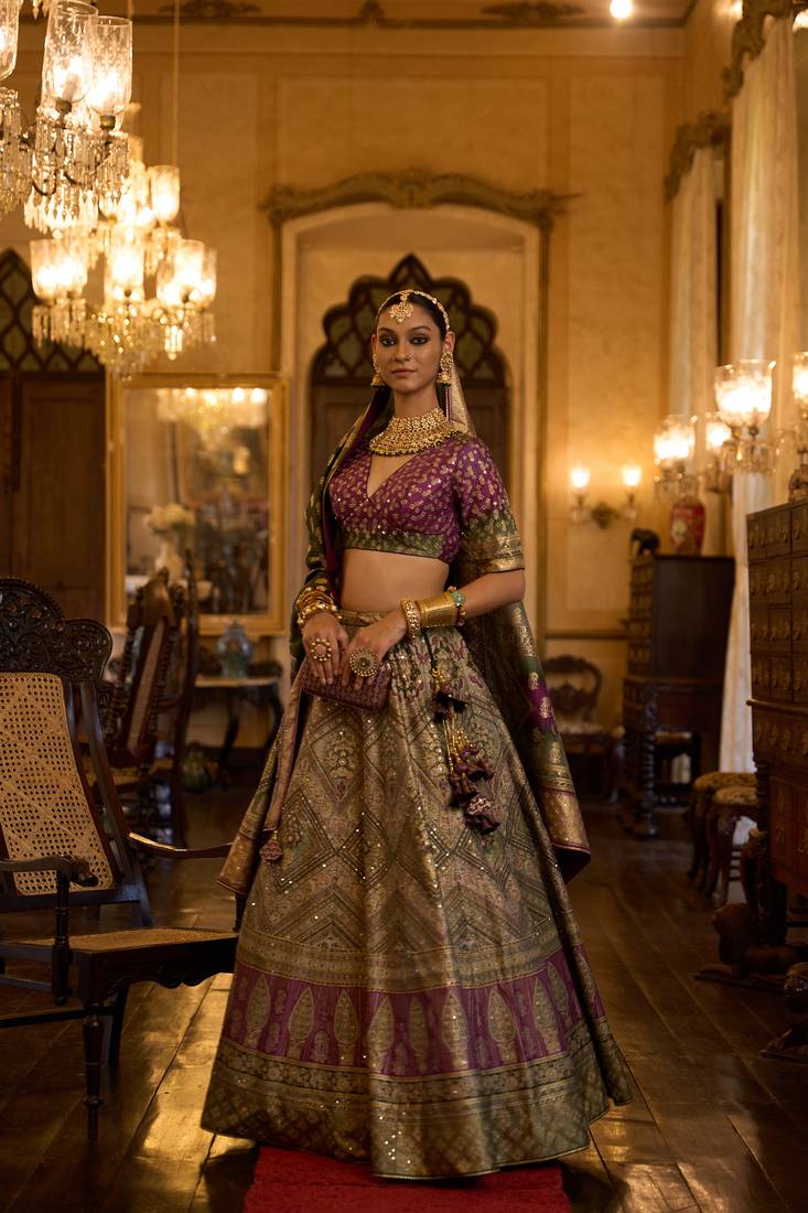SHADED BROWN WITH TUSSER Embroidered Silk Traditional Lehnga Choli with Blouse Free Size
