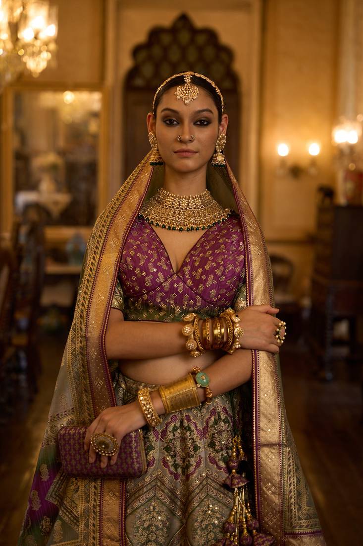 SHADED BROWN WITH TUSSER Embroidered Silk Traditional Lehnga Choli with Blouse Free Size