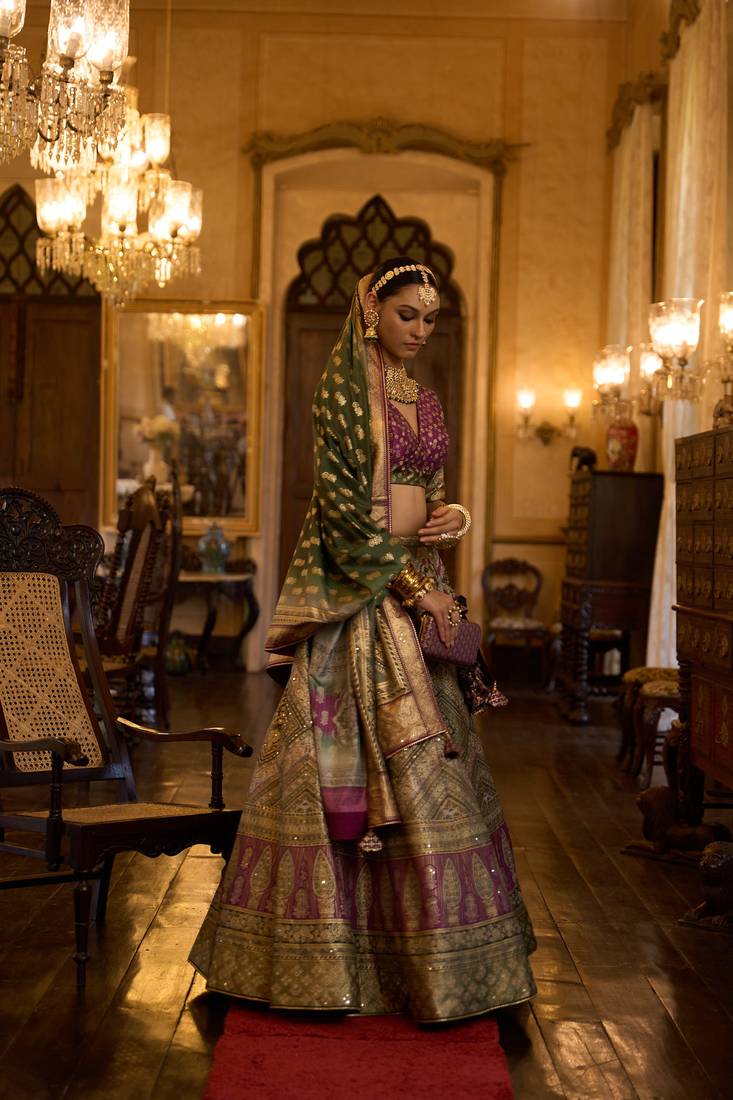 SHADED BROWN WITH TUSSER Embroidered Silk Traditional Lehnga Choli with Blouse Free Size