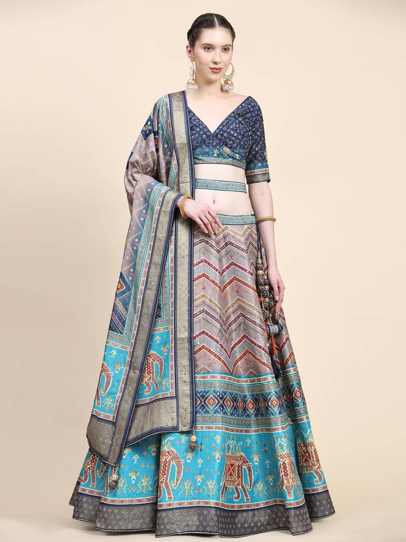 Multi Colour Embroidered Silk Traditional Lehnga Choli with Blouse Free Size