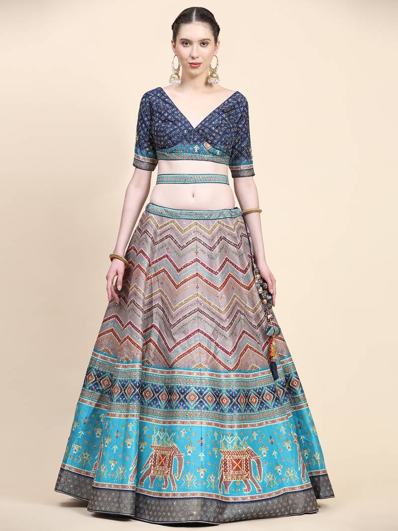 Multi Colour Embroidered Silk Traditional Lehnga Choli with Blouse Free Size