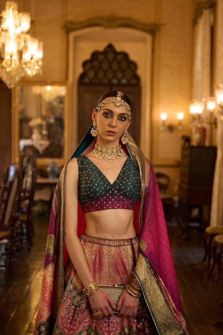 TUSSER SOFT RED WITH NAVY BLUE Embroidered Silk Traditional Lehnga Choli with Blouse Free Size