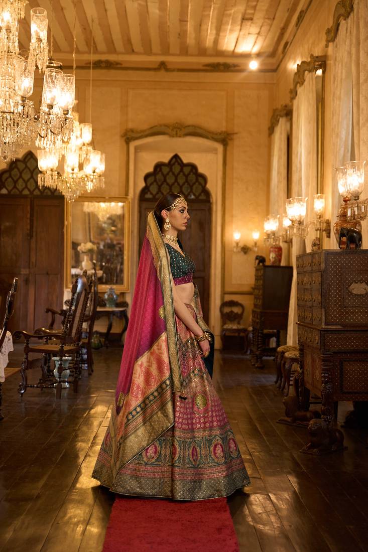 TUSSER SOFT RED WITH NAVY BLUE Embroidered Silk Traditional Lehnga Choli with Blouse Free Size