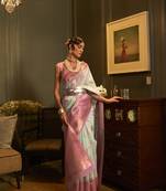 Buy Sky Blue Kaith Cotton Blend Zari Border saree with Blouse