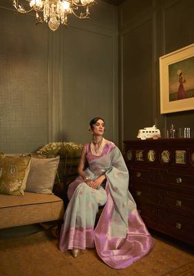 Sky Blue Kaith Cotton Blend Zari Border saree with Blouse 2