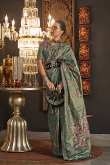 Turquoise Woven Silk Blend Saree With Blouse