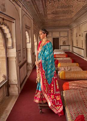 Sky Blue Patola Silk Blend Saree With Blouse 1