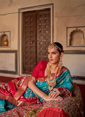 Sky Blue Patola Silk Blend Saree With Blouse 2