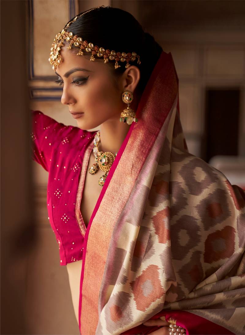 Hot Pink Patola Silk Blend Saree With Blouse