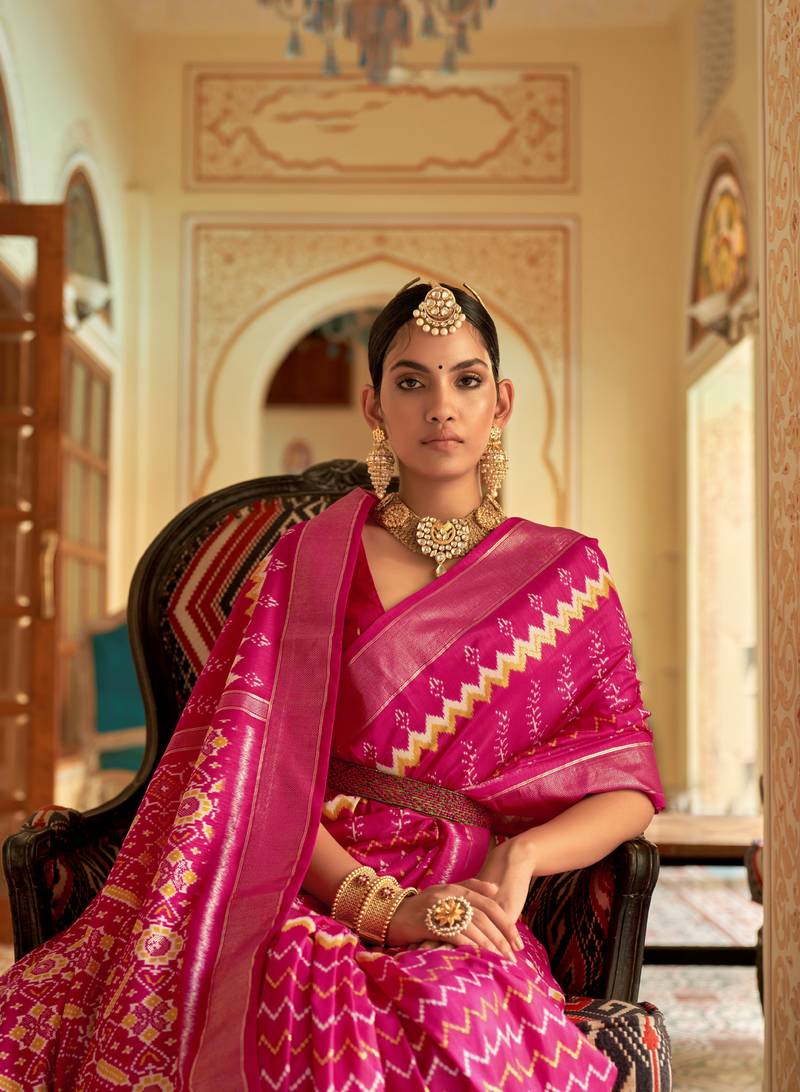 Pink Patola Silk Blend Saree With Blouse