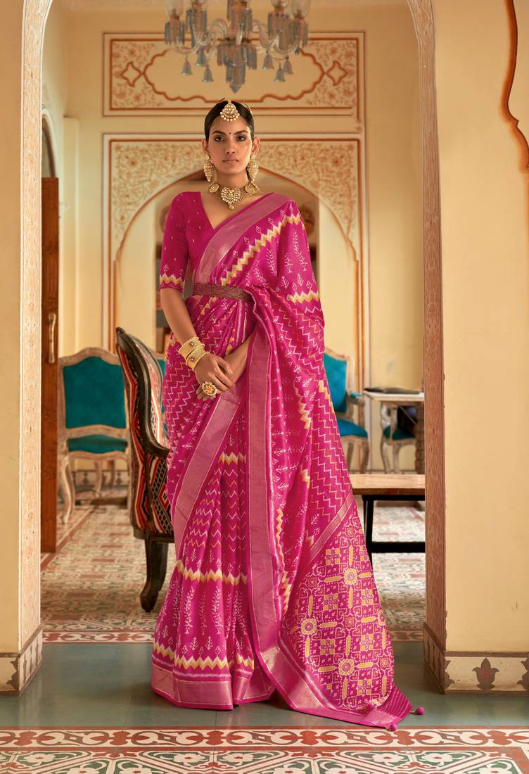 Pink Patola Silk Blend Saree With Blouse