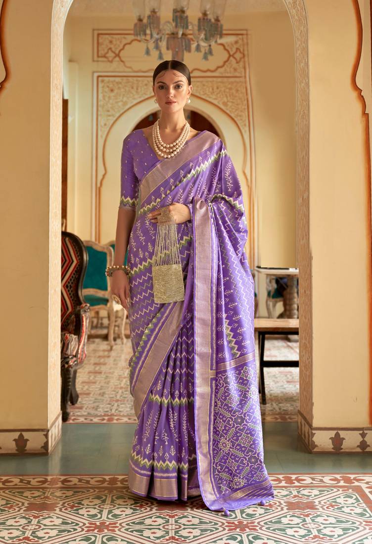 Lavender Patola Silk Blend Saree With Blouse