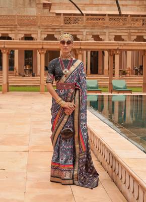 Grey Patola Silk Blend Saree With Blouse 1