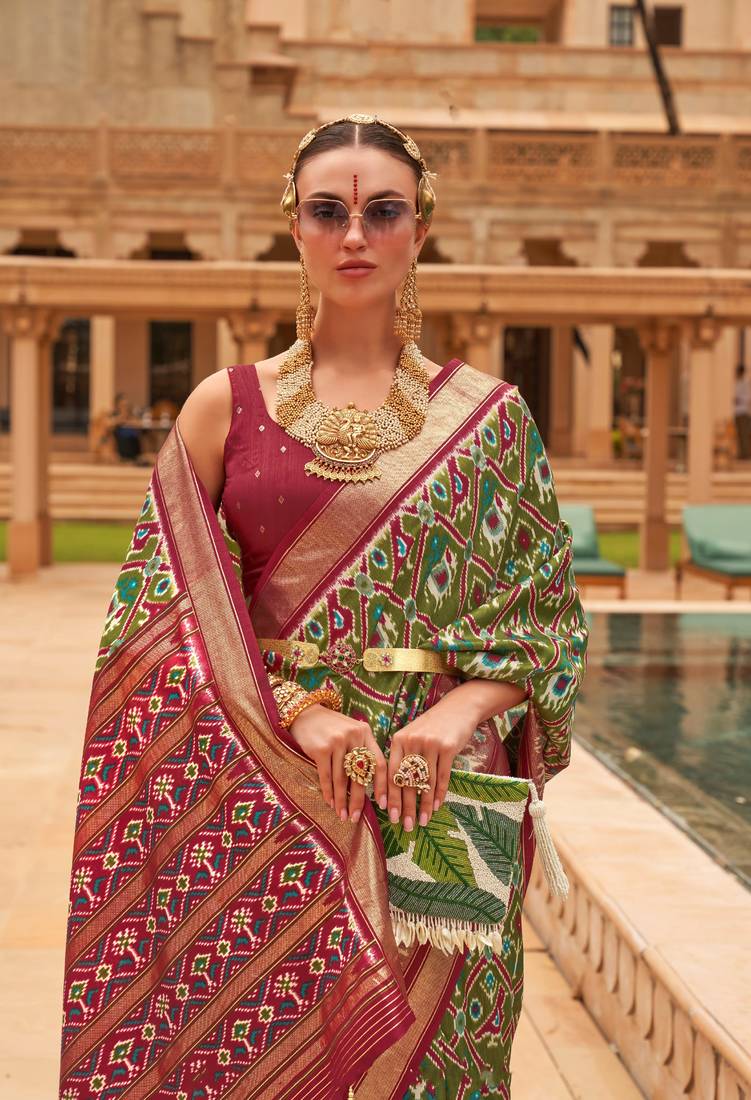 Green Patola Silk Blend Saree With Blouse