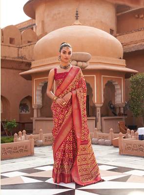 Red Patola Silk Blend Saree With Blouse 1