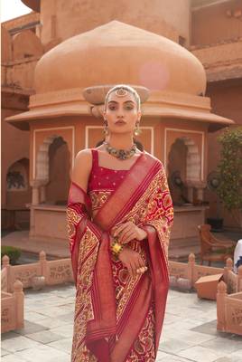 Red Patola Silk Blend Saree With Blouse 2