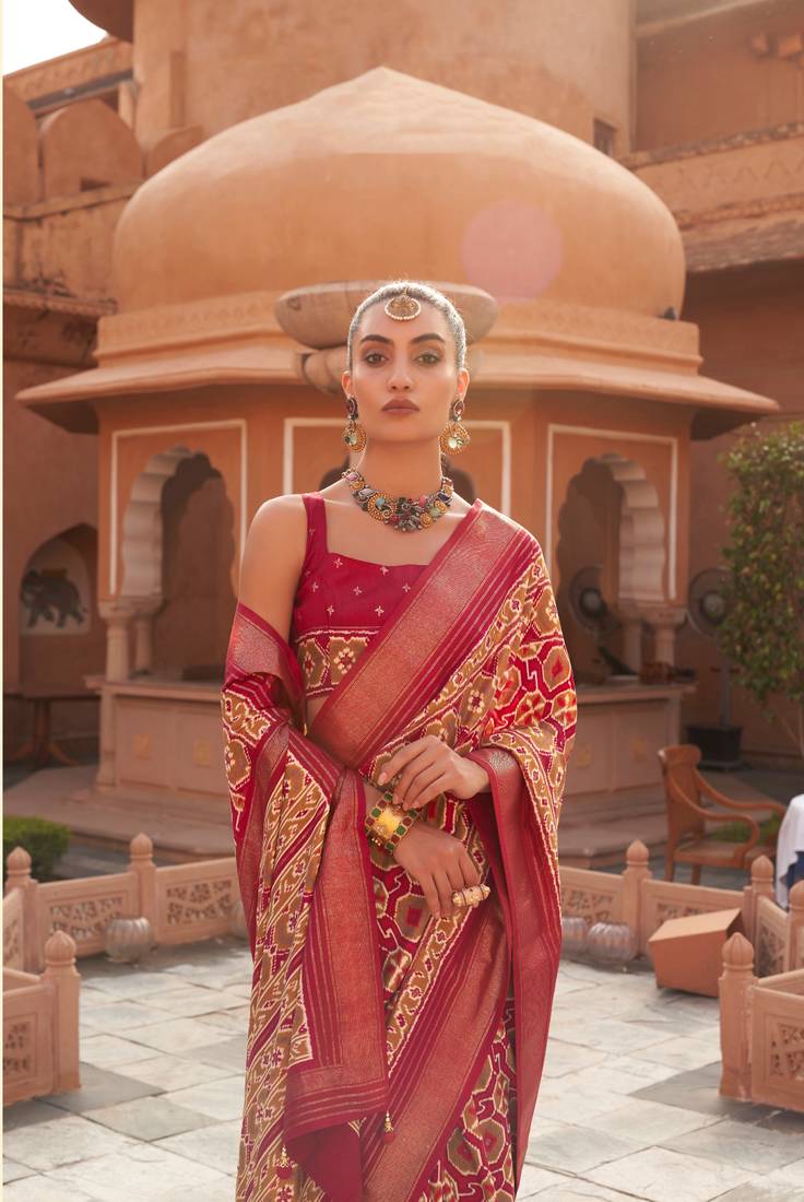 Red Patola Silk Blend Saree With Blouse
