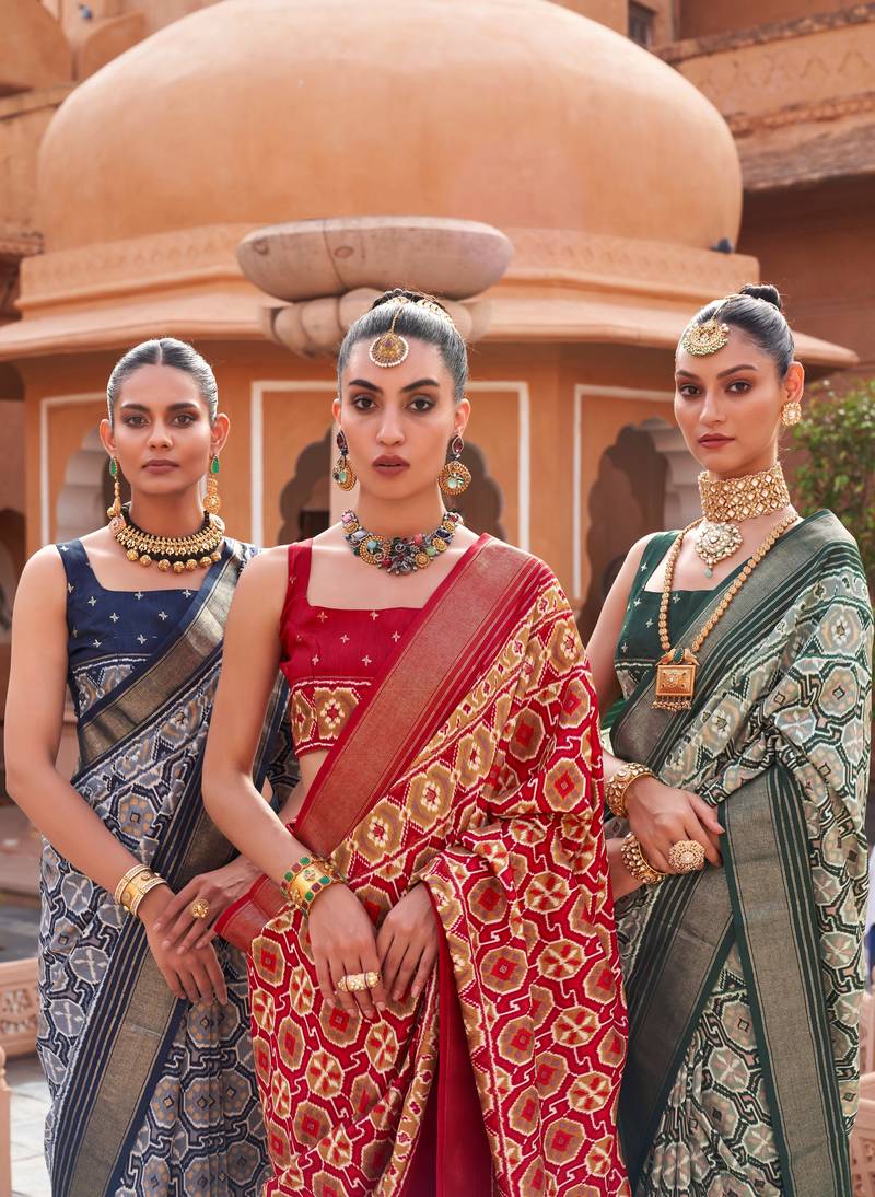 Red Patola Silk Blend Saree With Blouse