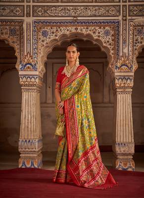 Mehndi Green And Red Patola Silk Blend Saree With Blouse 1