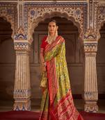 Mehndi Green And Red Patola Silk Blend Saree With Blouse