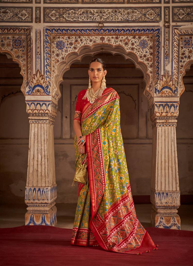 Mehndi Green And Red Patola Silk Blend Saree With Blouse