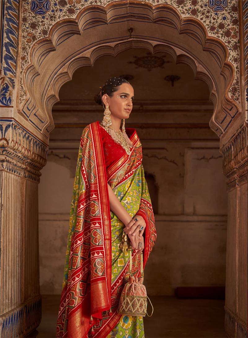 Mehndi Green And Red Patola Silk Blend Saree With Blouse