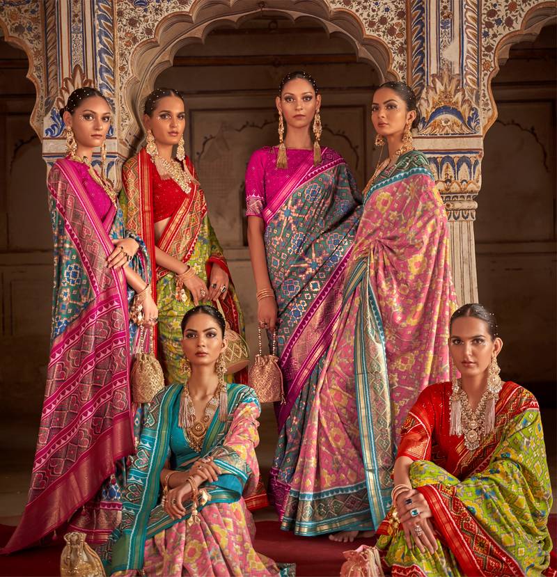 Mehndi Green And Red Patola Silk Blend Saree With Blouse