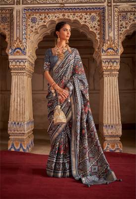 Grey Patola Silk Blend Saree With Blouse 1