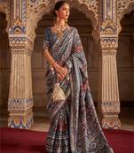 Grey Patola Silk Blend Saree With Blouse