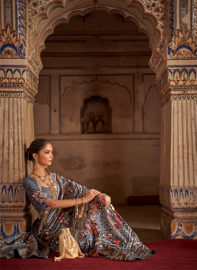 Grey Patola Silk Blend Saree With Blouse