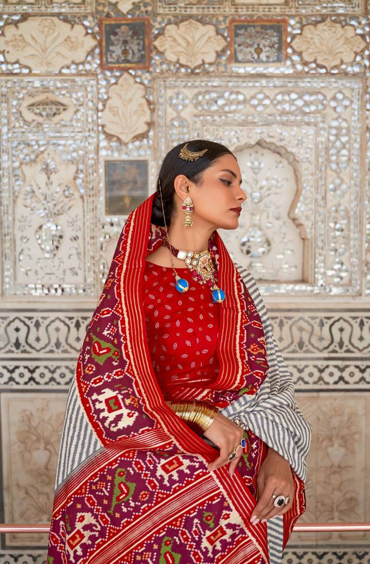 Multicolor Patola Silk Blend Saree With Blouse