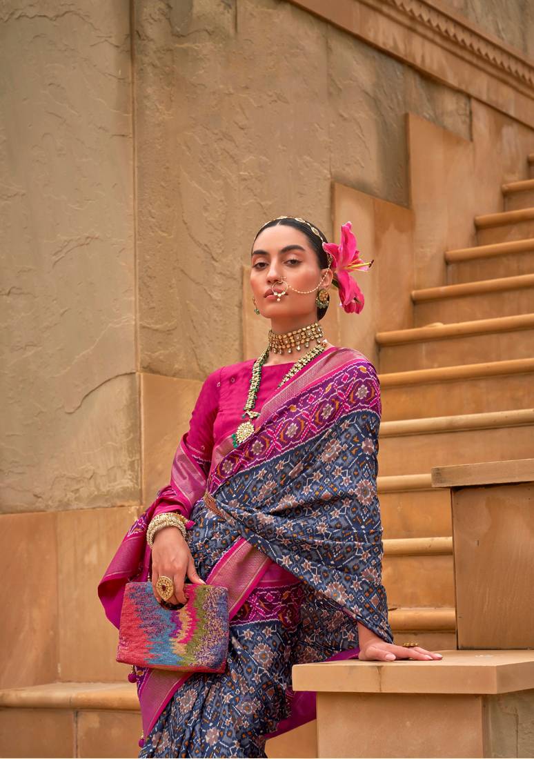 Multicolor Patola Silk Blend Saree With Blouse