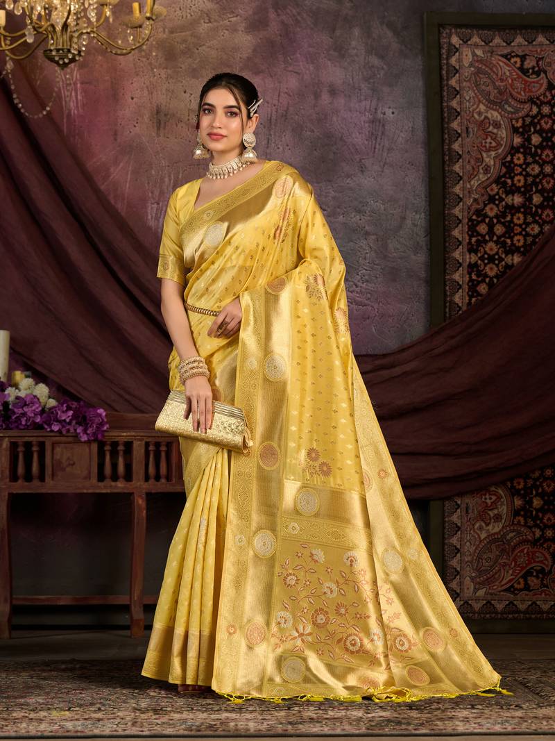 Yellow woven art silk saree with blouse