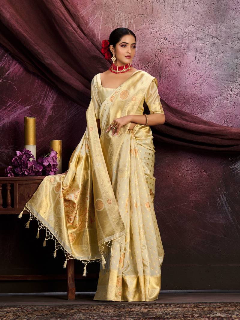 Off white woven art silk saree with blouse