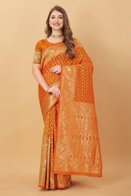 KORAMS DESIGN BANARASI SILK ORANGE FLORAL DESIGN ZARI WOVEN BORDER PARTY WEAR SAREE WITH BLOUSE  1